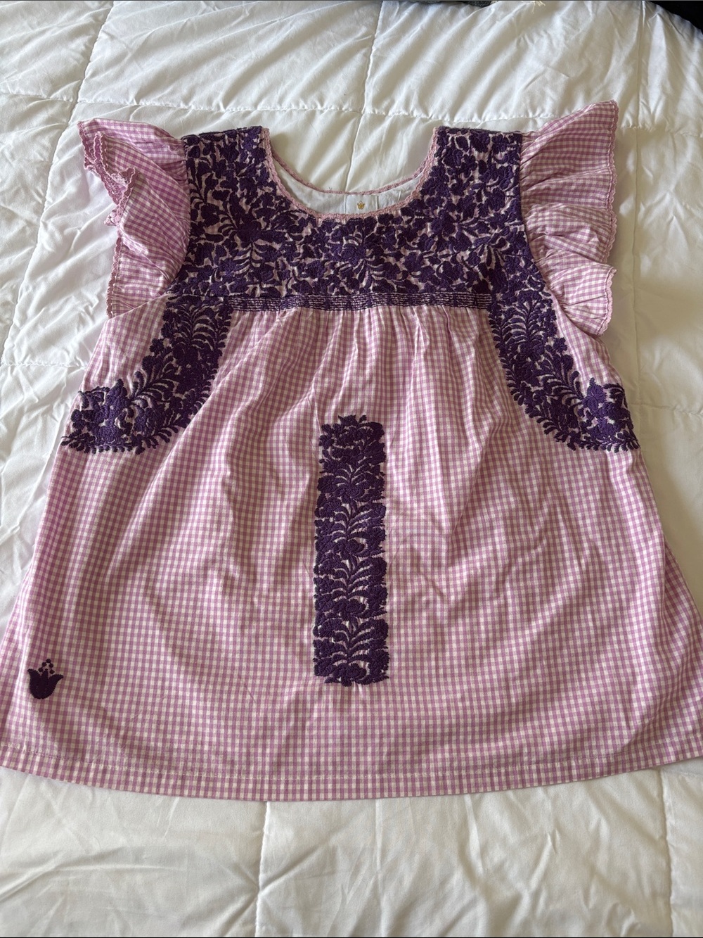 Pink Gingham Embroidered Flutter-Sleeve Blouse